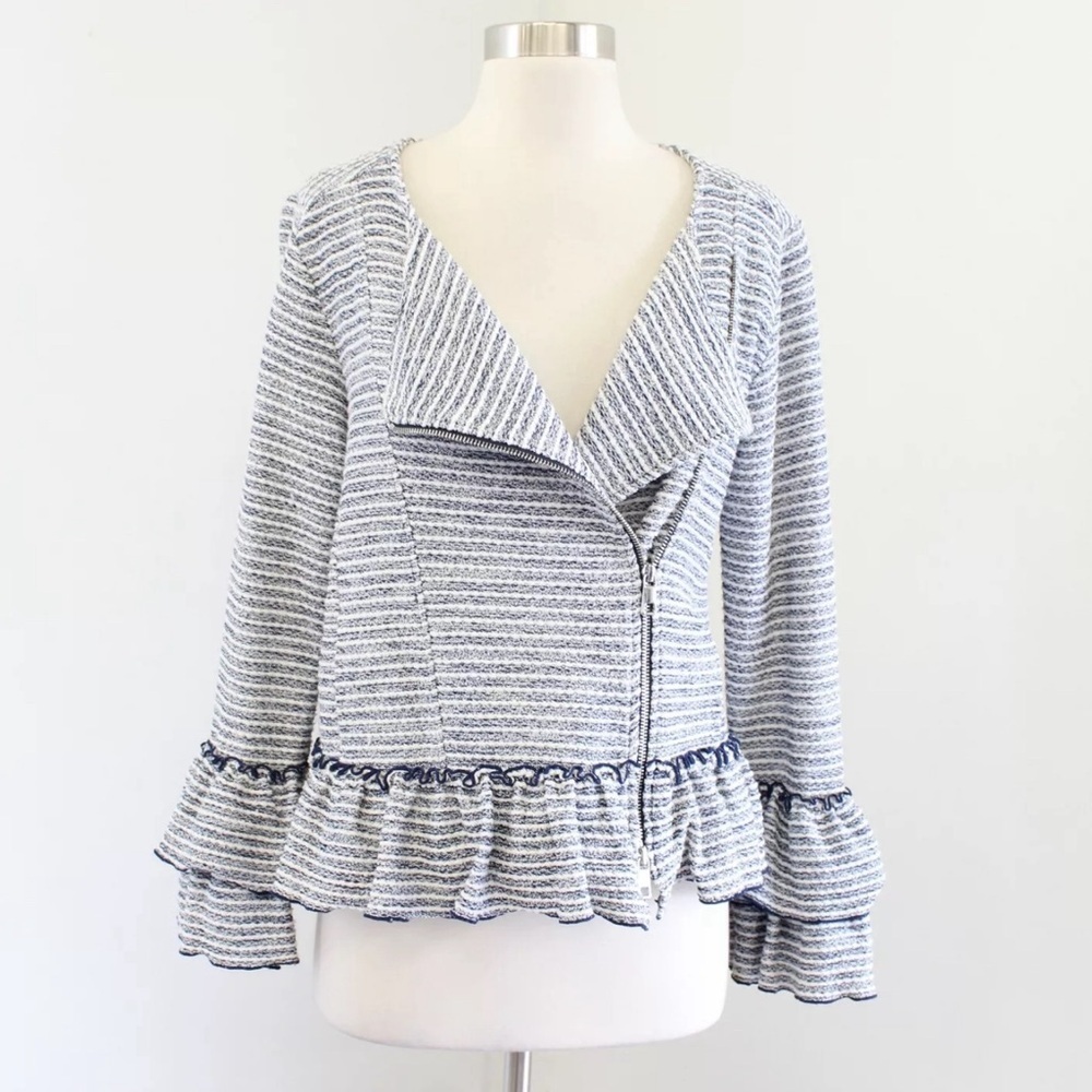 Banana Republic Blue White Tweed Ruffle Peplum Asymmetrical Zip Blazer Jacket 4